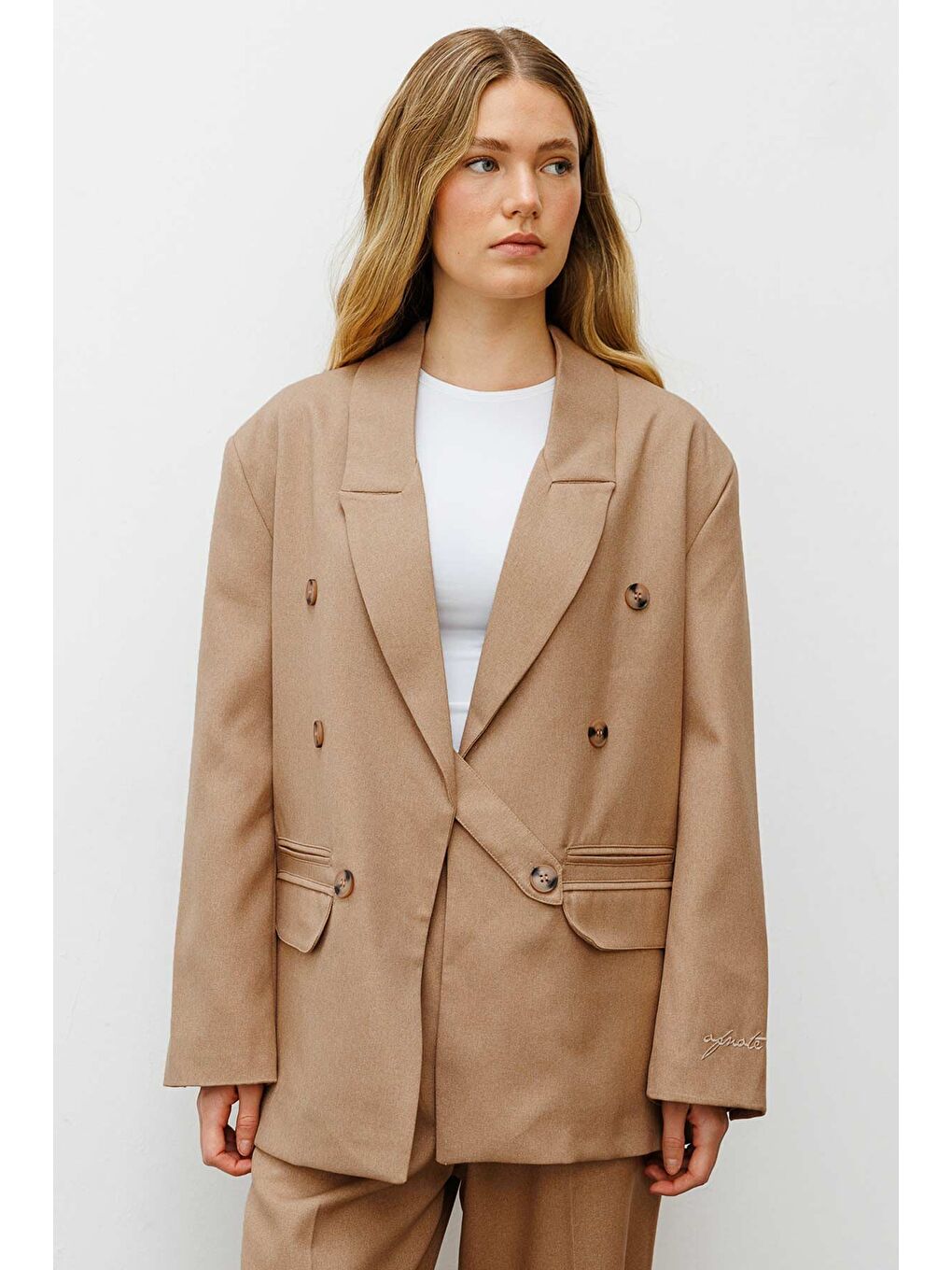 Kahverengi Premium Kruvaze Camel Blazer Ceket