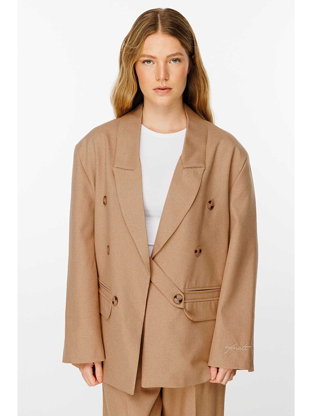 Kahverengi Premium Kruvaze Camel Blazer Ceket-1