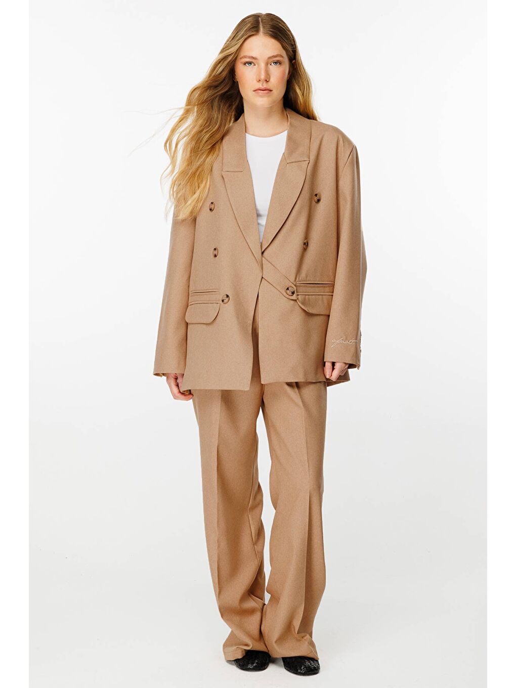 Kahverengi Premium Kruvaze Camel Blazer Ceket-2