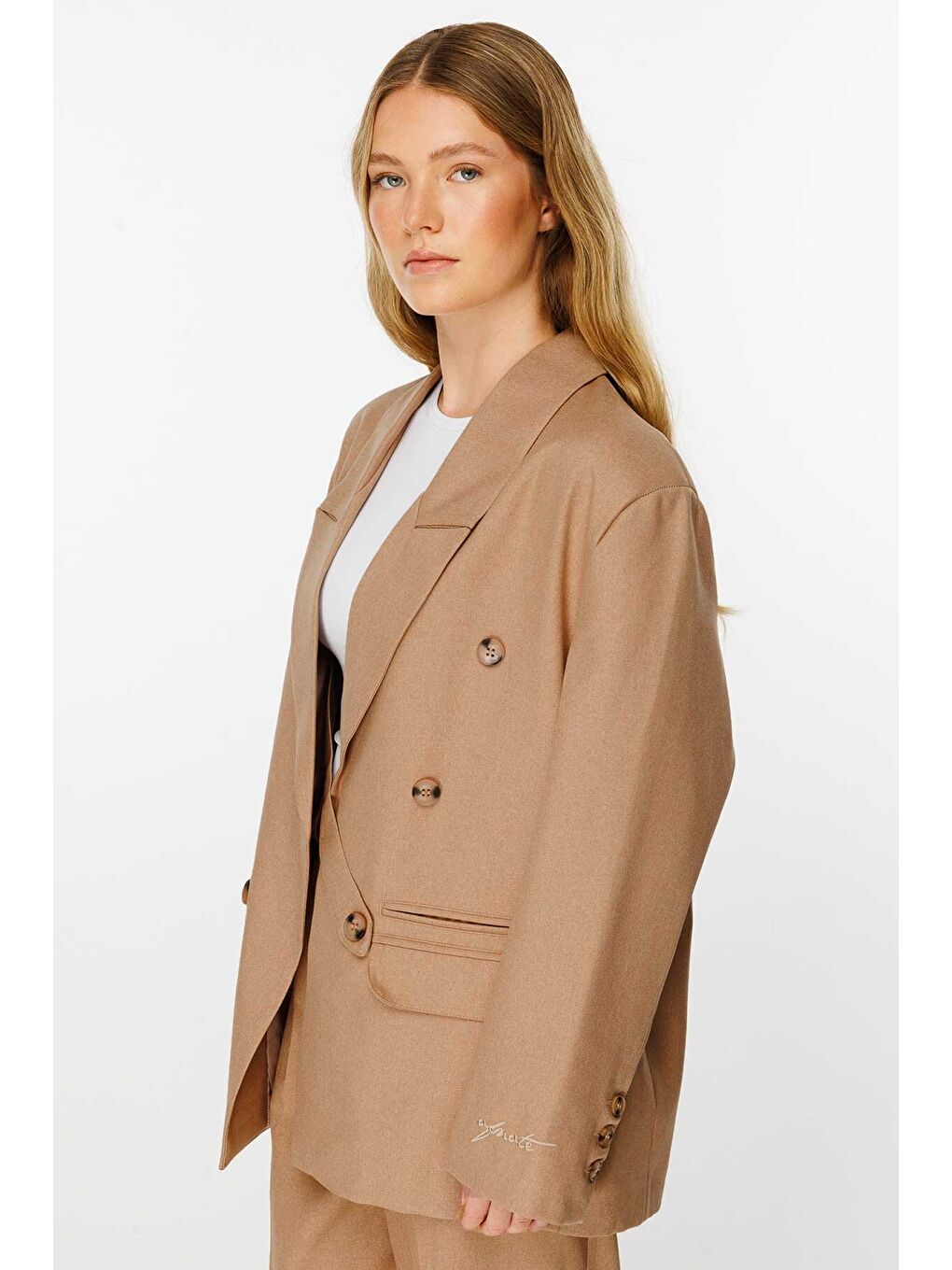 Kahverengi Premium Kruvaze Camel Blazer Ceket-3