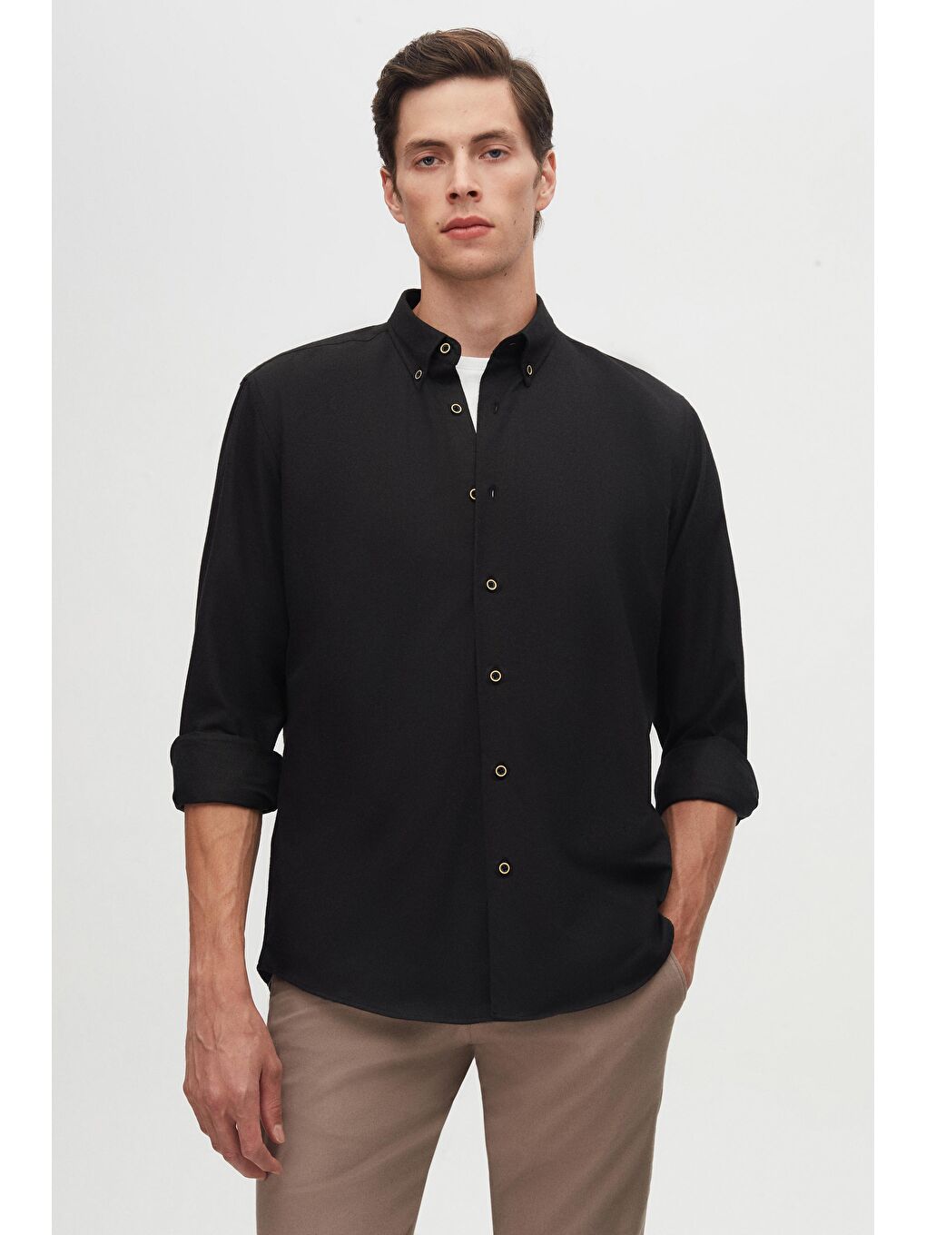 Regular Fit Siyah Düz Kışlık Flanel Gömlek