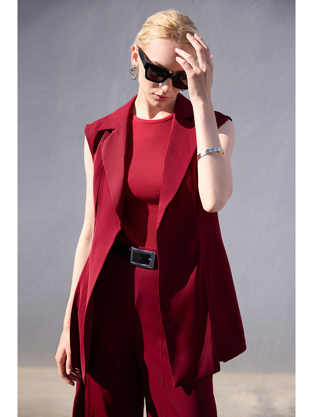 Bordo Pileli Kruvaze Yelek Pantolon Takım-3