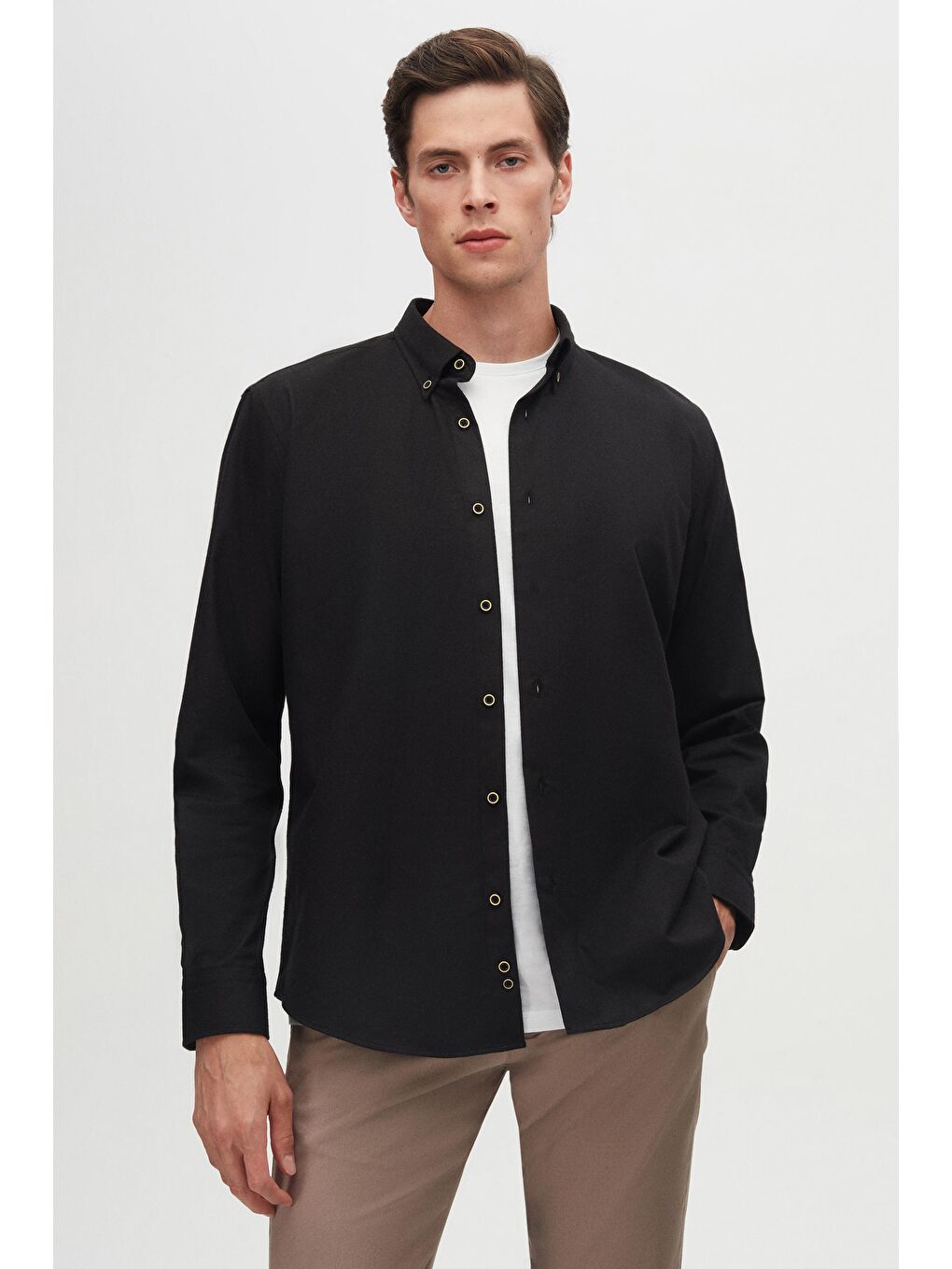 Regular Fit Siyah Düz Kışlık Flanel Gömlek-1