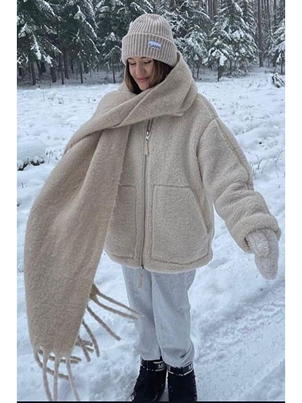 Bej Dik Yakalı Cepli Pelüş Mont Mg1966-1