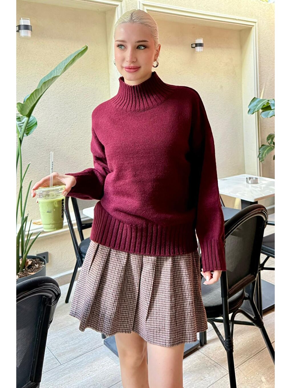 Bordo Boğazlı Kadın Triko Kazak Mg2535-6