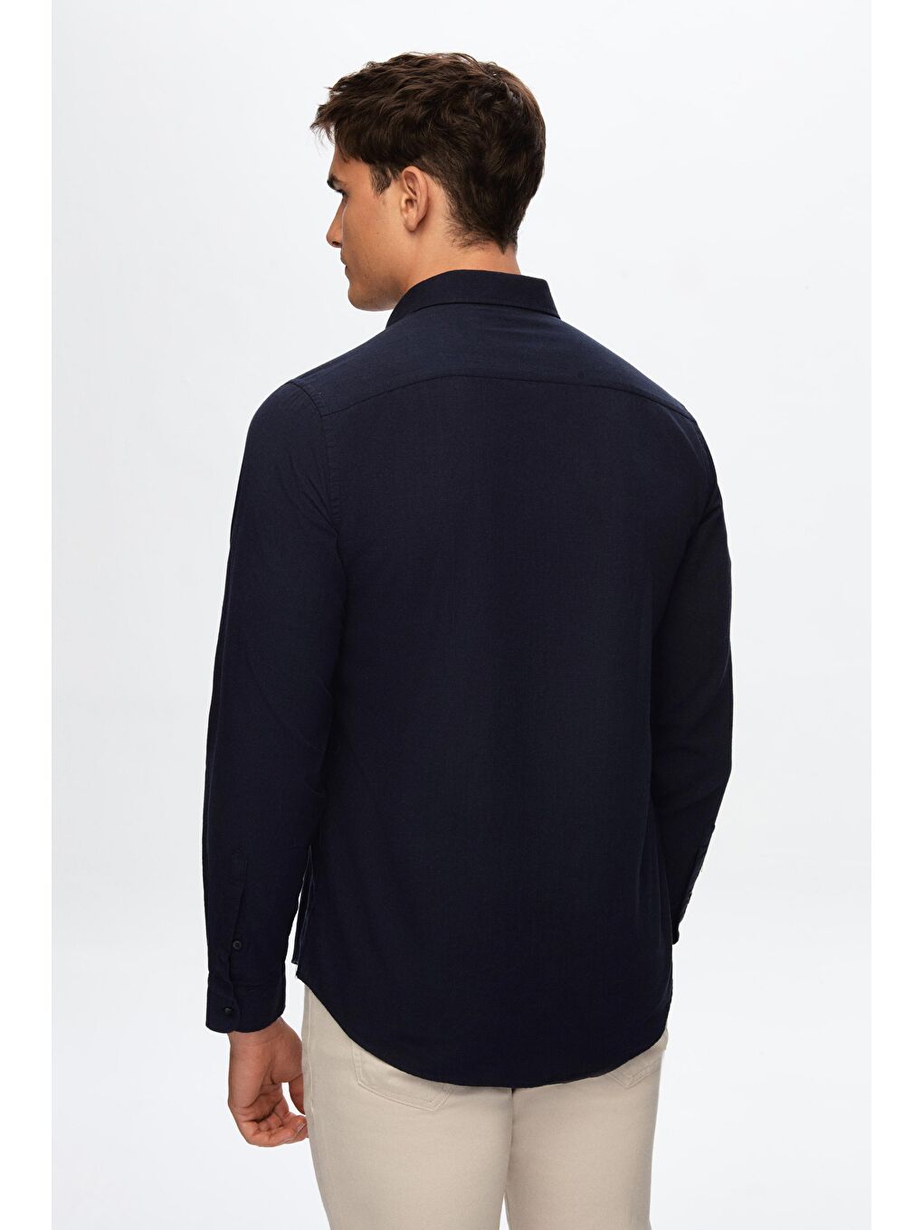 Slim Fit Lacivert Düğmeli Yaka %100 Pamuk Yazlık Flamlı Keten Görünümlü Gömlek-5