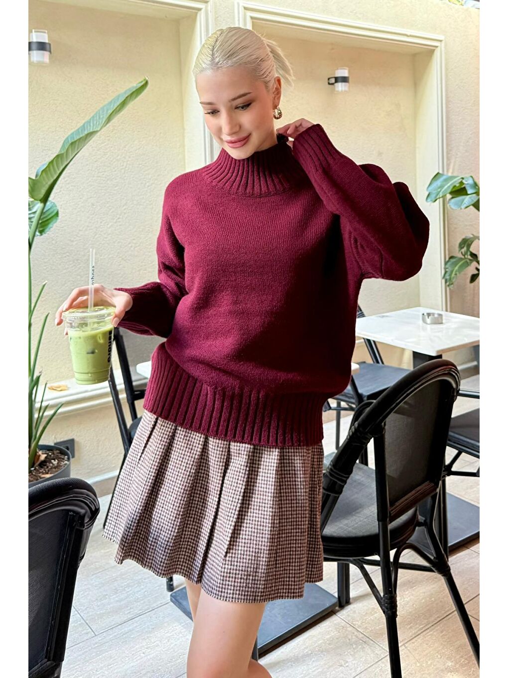 Bordo Boğazlı Kadın Triko Kazak Mg2535-7