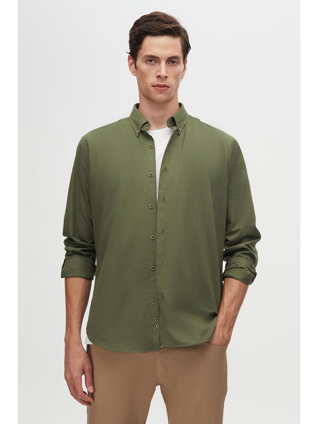 Regular Fit Haki Düz Kışlık Flanel Gömlek