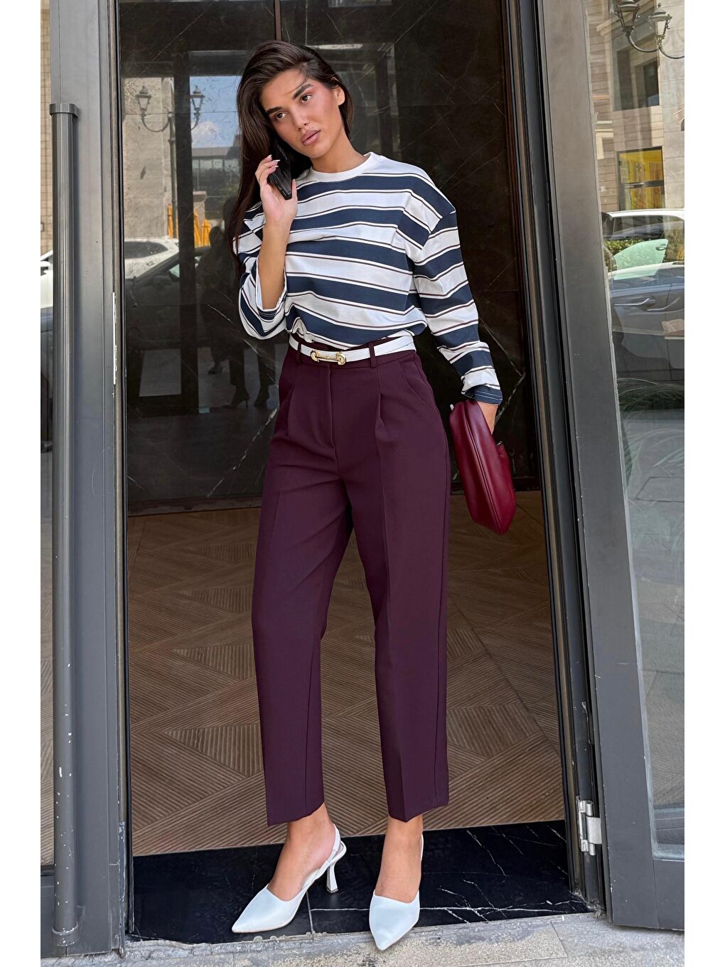 Mürdüm Yüksek Bel Pileli Kadın Kumaş Pantolon Mg2507-3