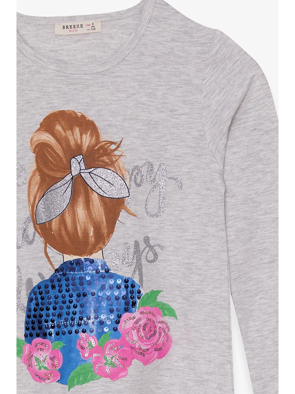 Kız Çocuk Taytlı Takım Pullu Çiçekli Kız Baskılı Açık Gri Melanj (8-12 Yaş)-2