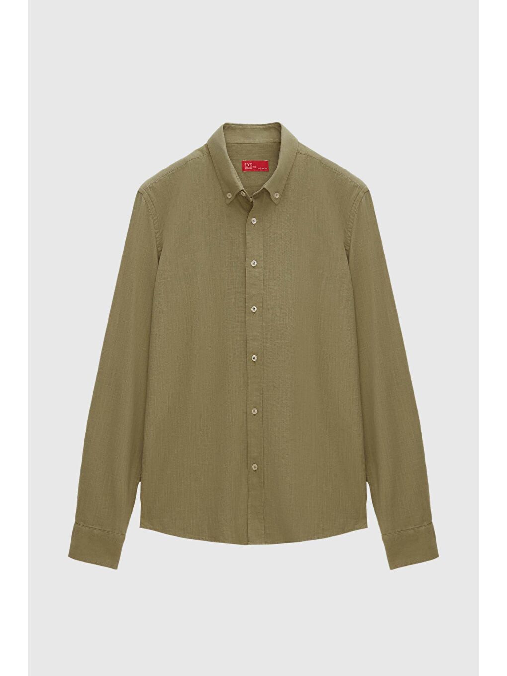 Slim Fit Yeşil Düğmeli Yaka %100 Pamuk Yazlık Flamlı Keten Görünümlü Gömlek-4