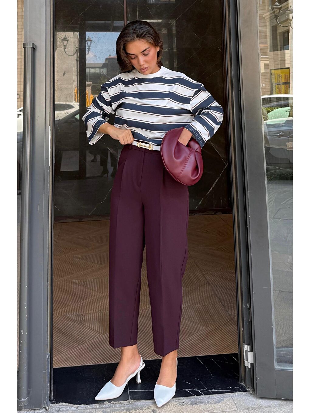 Mürdüm Yüksek Bel Pileli Kadın Kumaş Pantolon Mg2507-4