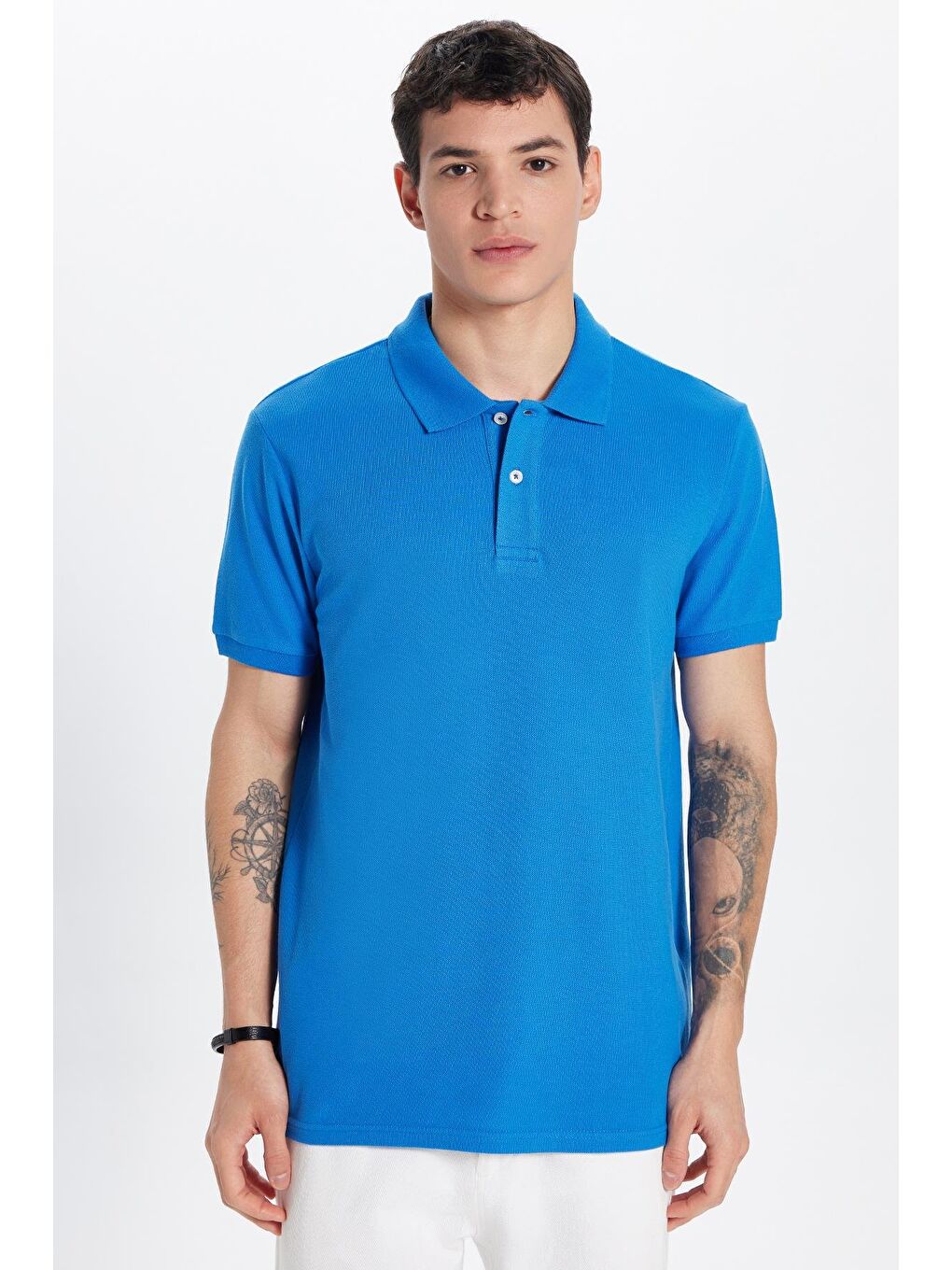 Erkek Slim Fit Dar Kesim %100 Pamuk İndigo Polo Yaka Tişört-3