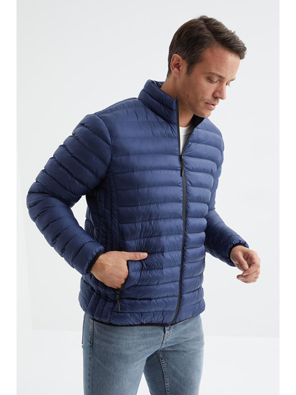 Lacivert Fermuarlı Standart Kalıp Soğuğa Dayanıklı Erkek Şişme Mont - 88166-2