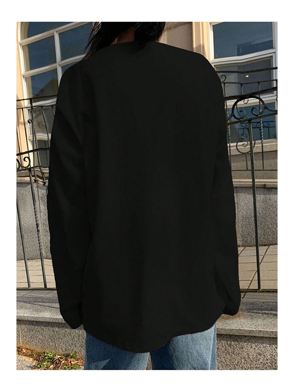 Siyah Bisiklet Yaka Uzun Kollu Kadın Tişört-6