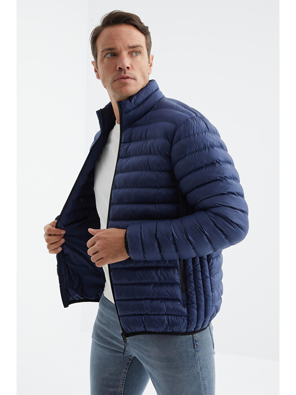 Lacivert Fermuarlı Standart Kalıp Soğuğa Dayanıklı Erkek Şişme Mont - 88166-4