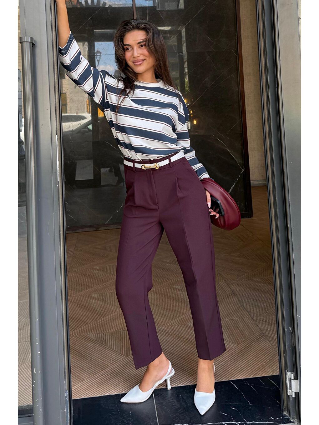 Mürdüm Yüksek Bel Pileli Kadın Kumaş Pantolon Mg2507-6