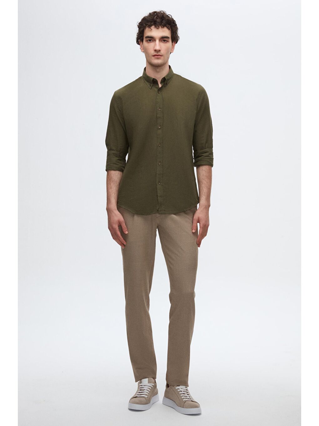 Slim Fit Haki Düğmeli Yaka %100 Pamuk Yazlık Flamlı Keten Görünümlü Gömlek-3