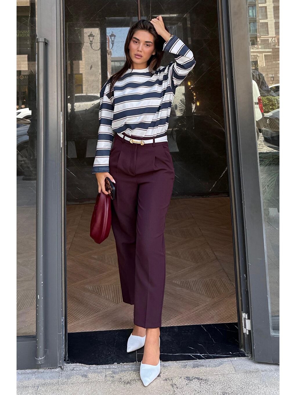 Mürdüm Yüksek Bel Pileli Kadın Kumaş Pantolon Mg2507-7