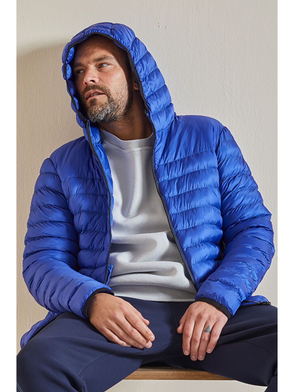 Mavi Saks Fermuarlı Standart Kalıp Soğuğa Dayanıklı Erkek Şişme Mont - 88167