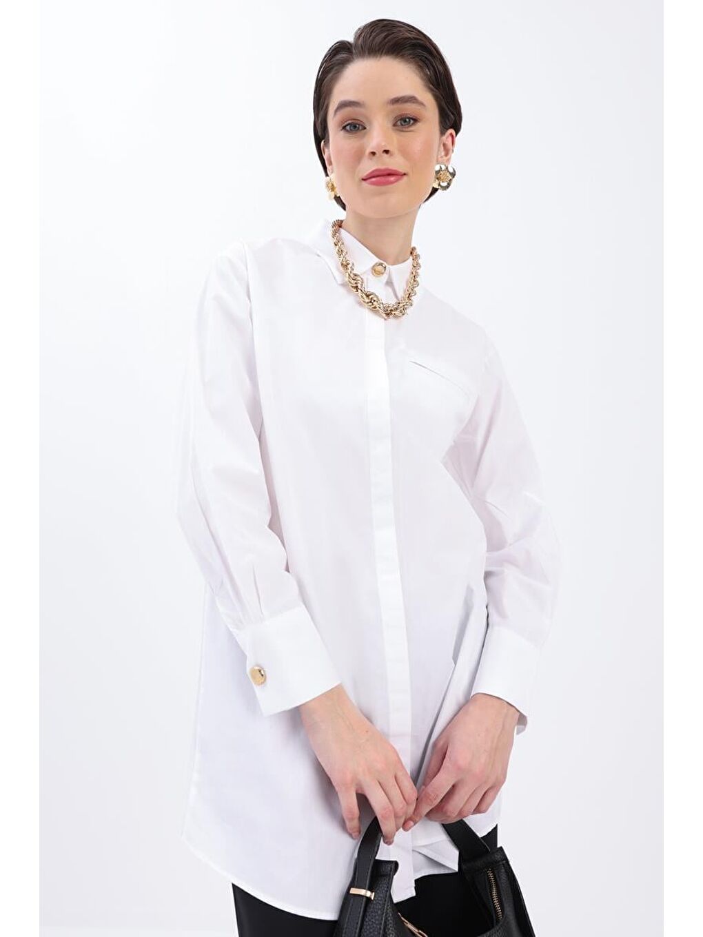 Beyaz %100 Pamuk Cep Detaylı Gömlek Tunik