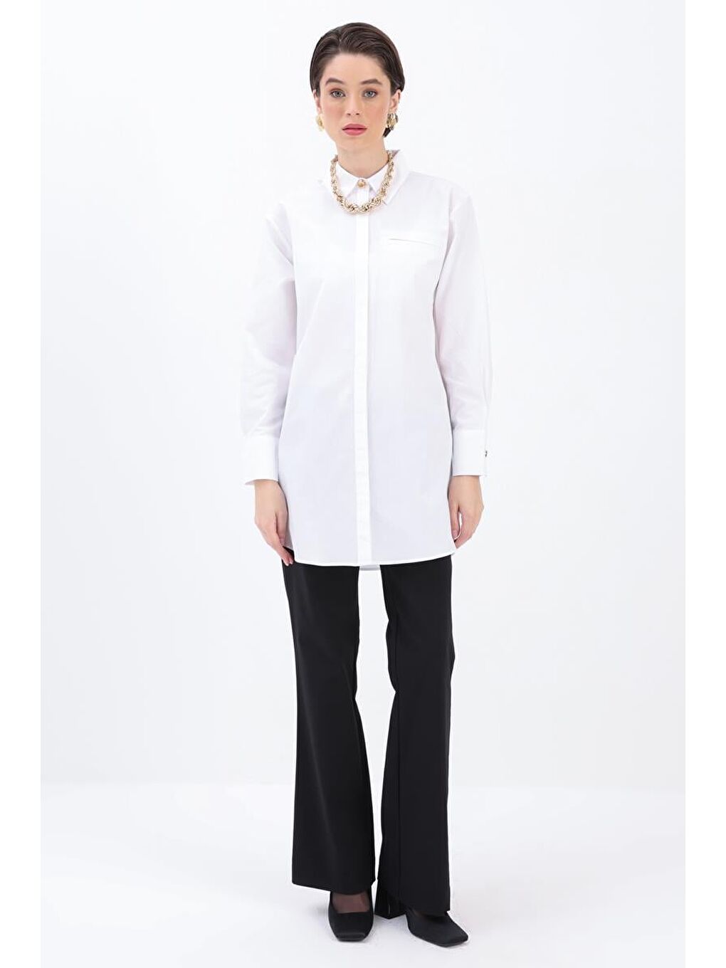 Beyaz %100 Pamuk Cep Detaylı Gömlek Tunik-1