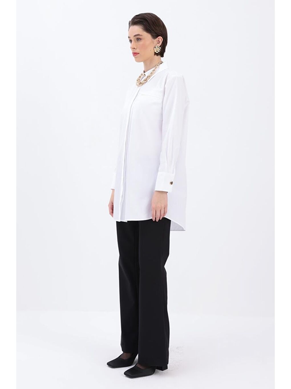Beyaz %100 Pamuk Cep Detaylı Gömlek Tunik-2