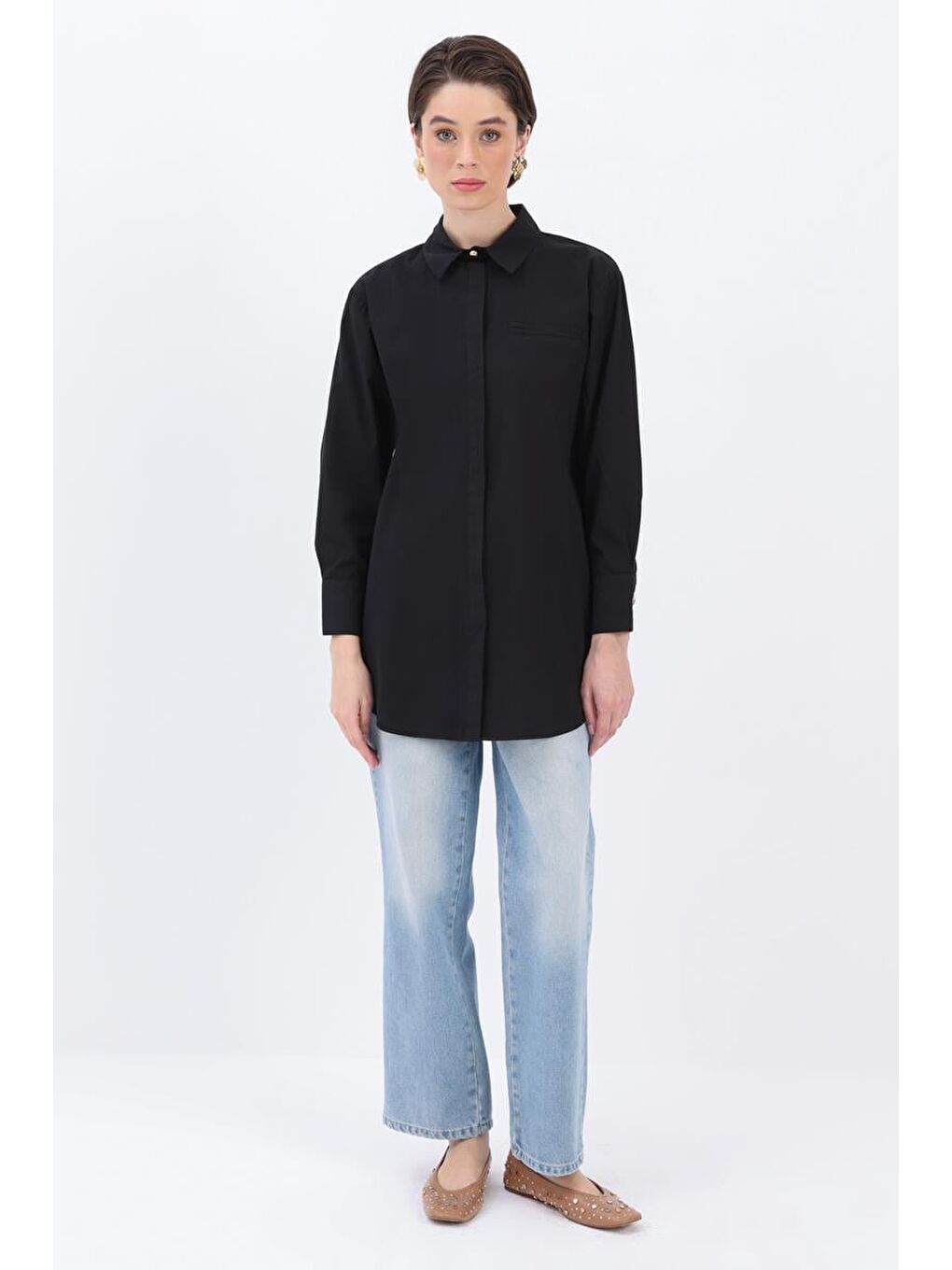 Siyah %100 Pamuk Cep Detaylı Gömlek Tunik-1