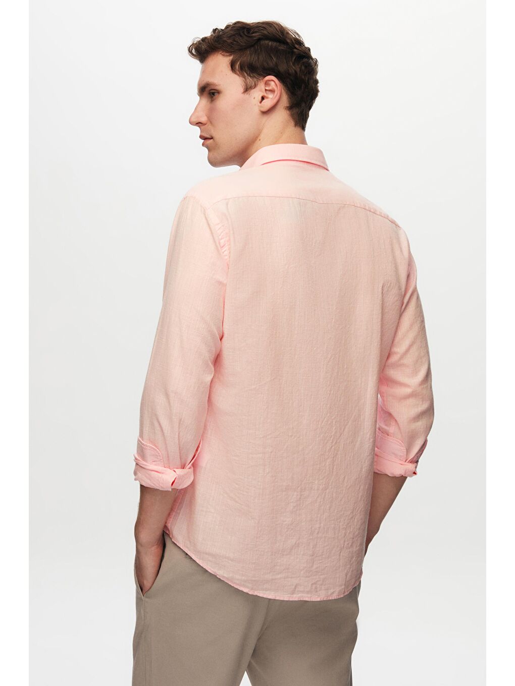 Slim Fit Pembe Düğmeli Yaka %100 Pamuk Yazlık Flamlı Keten Görünümlü Gömlek-3