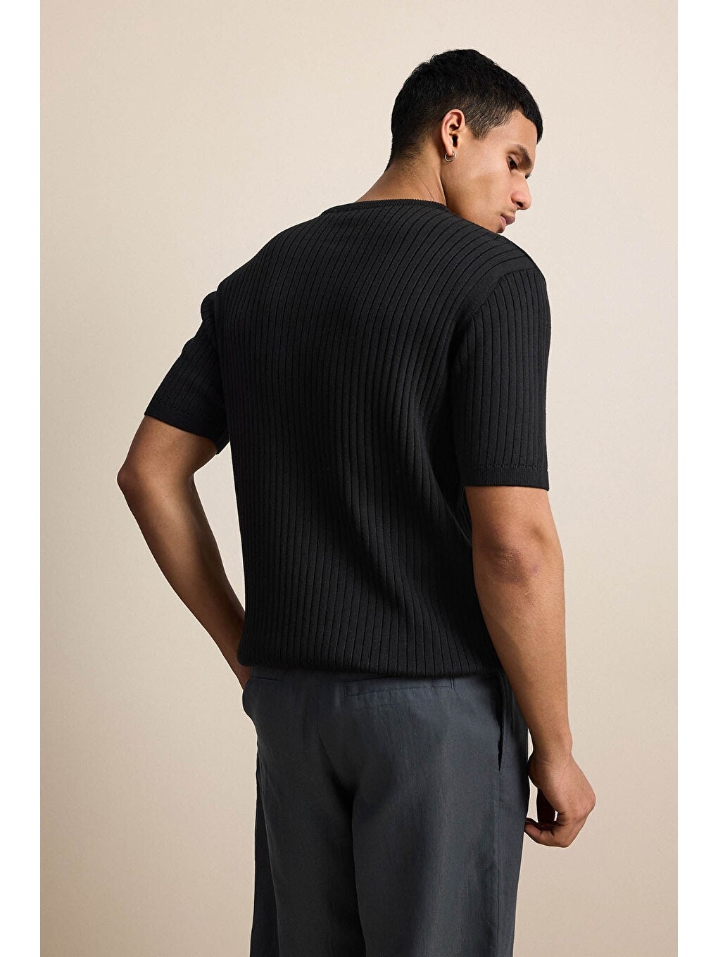Erkek Regular Fit Premium Fitilli Triko Tişört Siyah-5