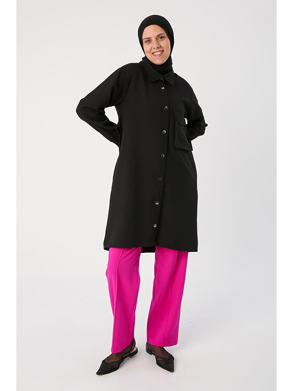 Siyah-Tek Cepli Çıtçıtlı Gömlek Tunik-1