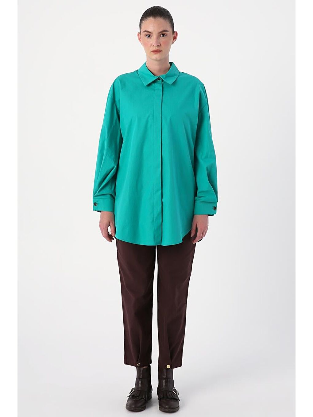 Yeşil Oversize Kol Pile Detaylı Gömlek Tunik-1