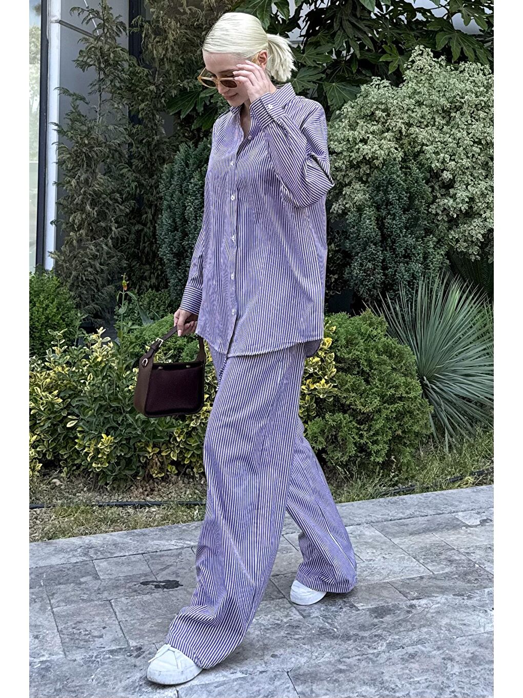 Bordo Uzun Kollu Çizgili Gömlek Pantolon İkili Takım Mg2124-7