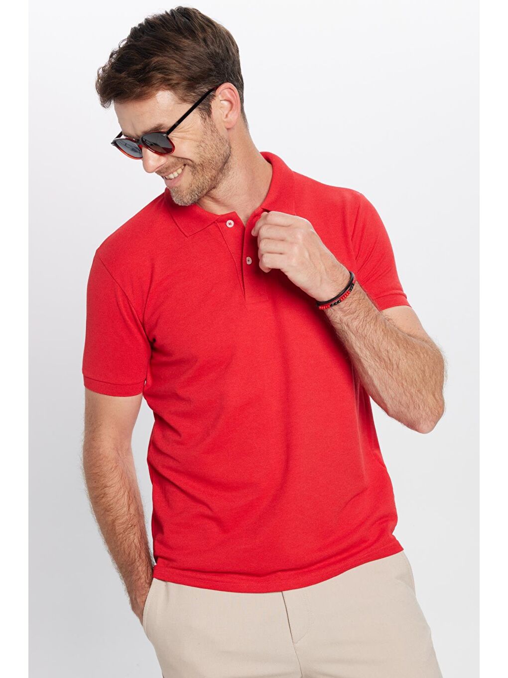 TUDORS Kirmizi Erkek Slim Fit Dar Kesim Pamuklu Yumuşak Dokulu Serin Tutan Kumaş Düz Pike Kırmızı Polo Yaka Tişört