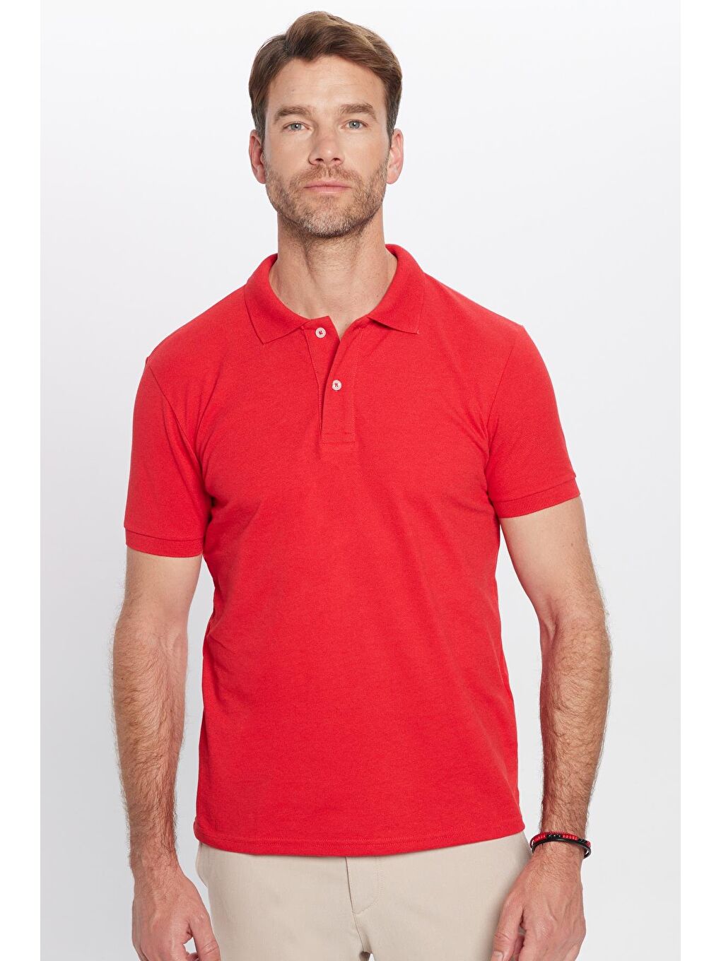 TUDORS Kirmizi Erkek Slim Fit Dar Kesim Pamuklu Yumuşak Dokulu Serin Tutan Kumaş Düz Pike Kırmızı Polo Yaka Tişört - 3