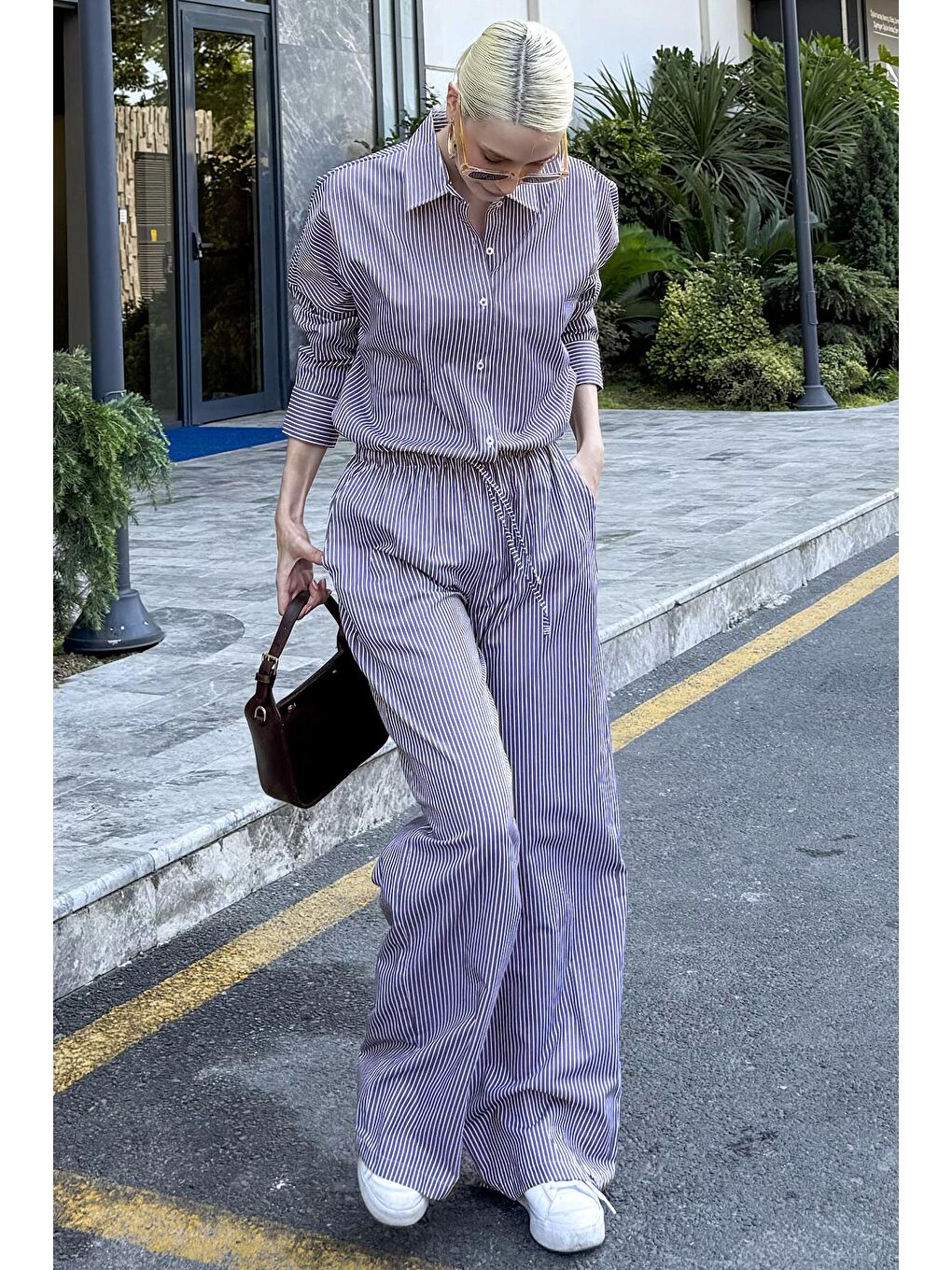 Bordo Uzun Kollu Çizgili Gömlek Pantolon İkili Takım Mg2124-8