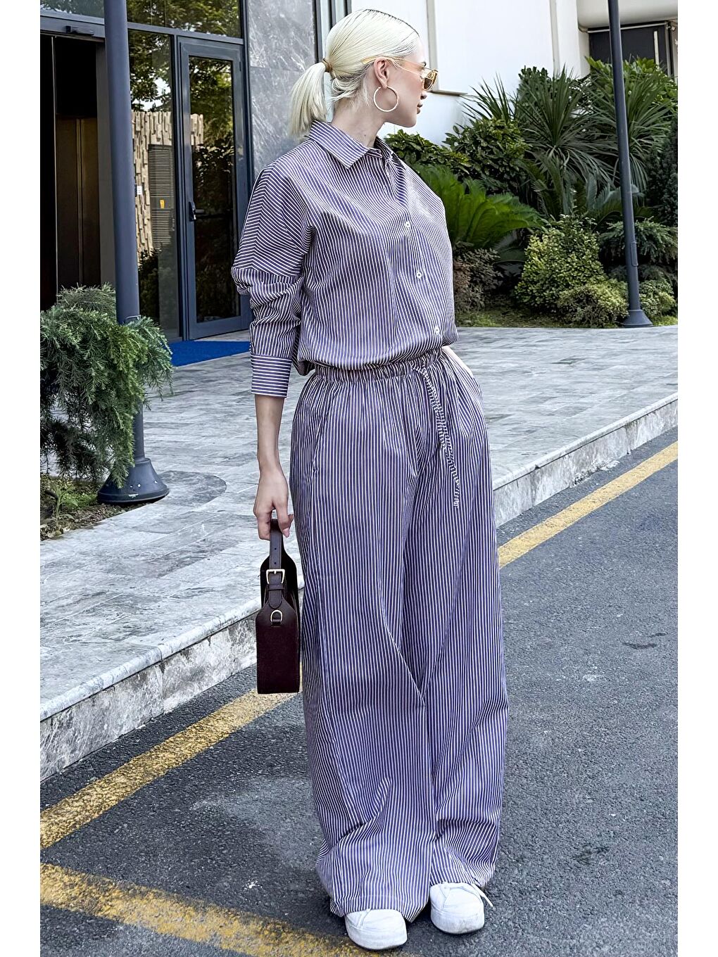 Bordo Uzun Kollu Çizgili Gömlek Pantolon İkili Takım Mg2124-9