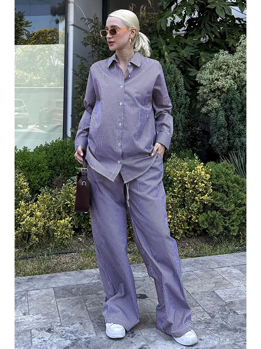 Bordo Uzun Kollu Çizgili Gömlek Pantolon İkili Takım Mg2124-10