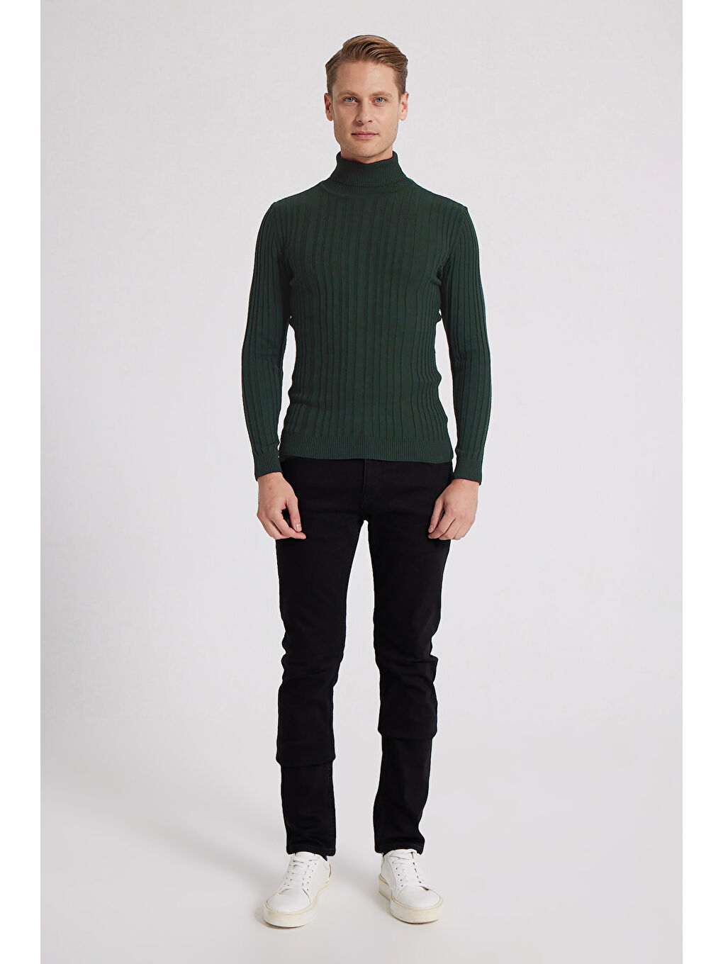 Slim Fit Haki Fitilli Pamuk Karışımlı Boğazlı Triko Kazak-4