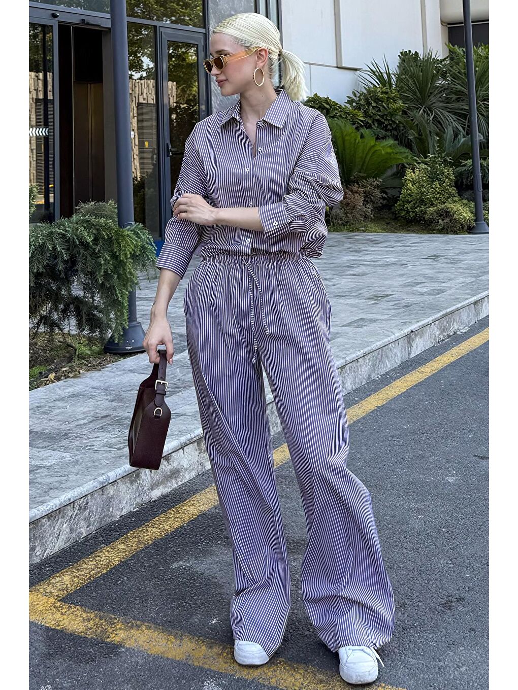 Bordo Uzun Kollu Çizgili Gömlek Pantolon İkili Takım Mg2124-11