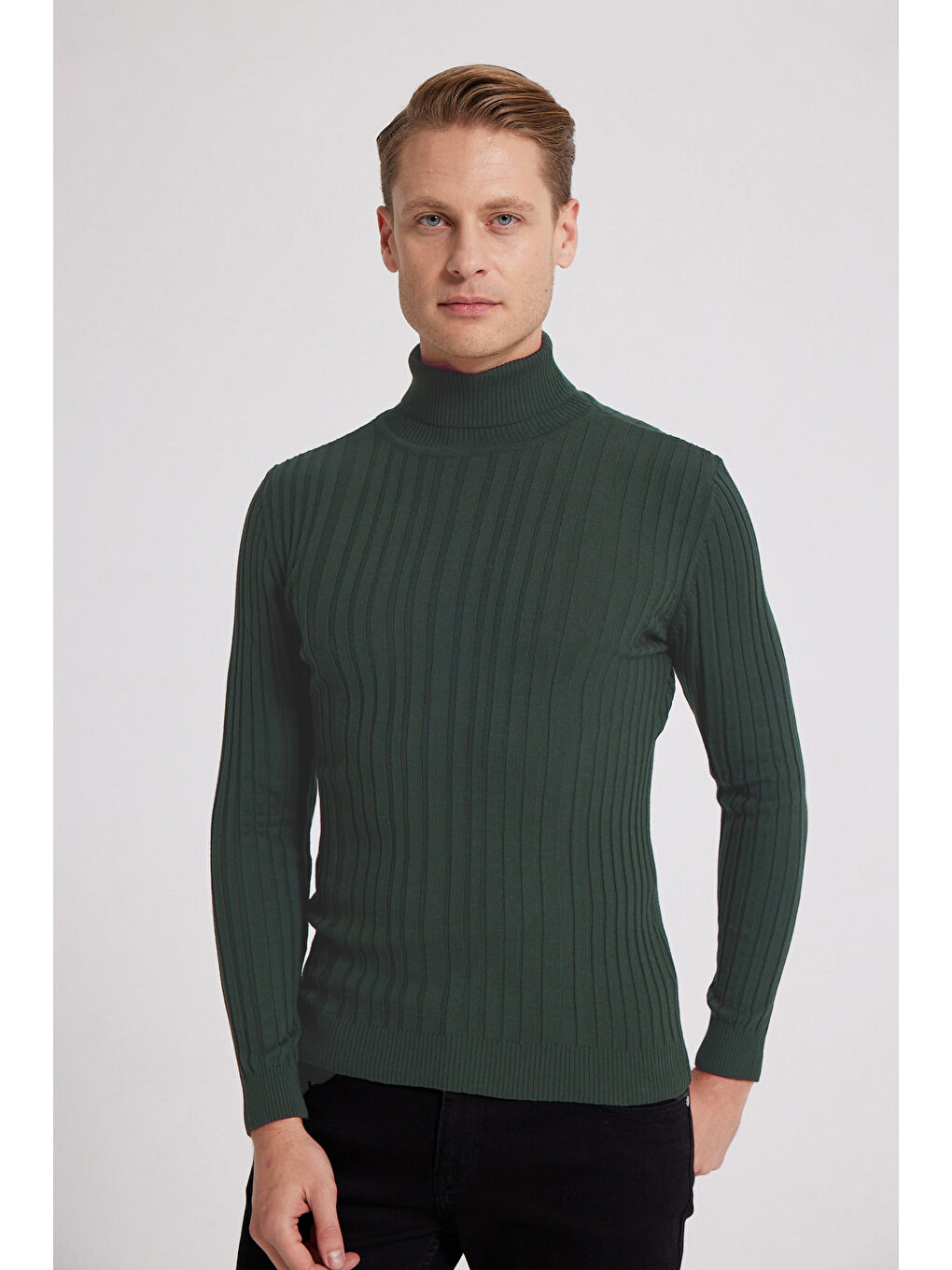 Slim Fit Haki Fitilli Pamuk Karışımlı Boğazlı Triko Kazak-5