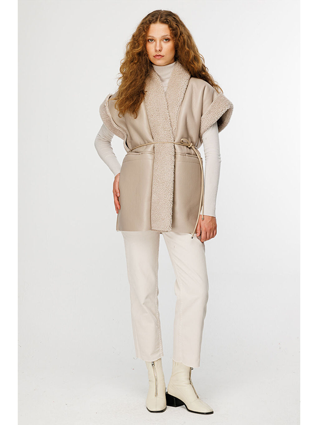 Bej Şal Yaka Kürklü Deri Yelek - Taş-1