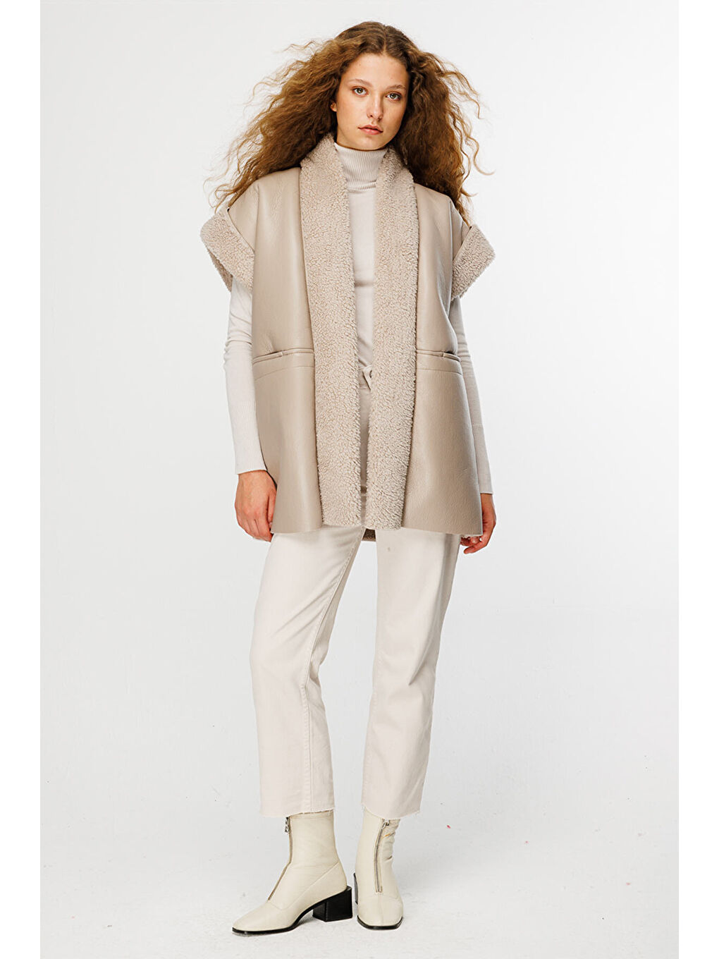 Bej Şal Yaka Kürklü Deri Yelek - Taş-3