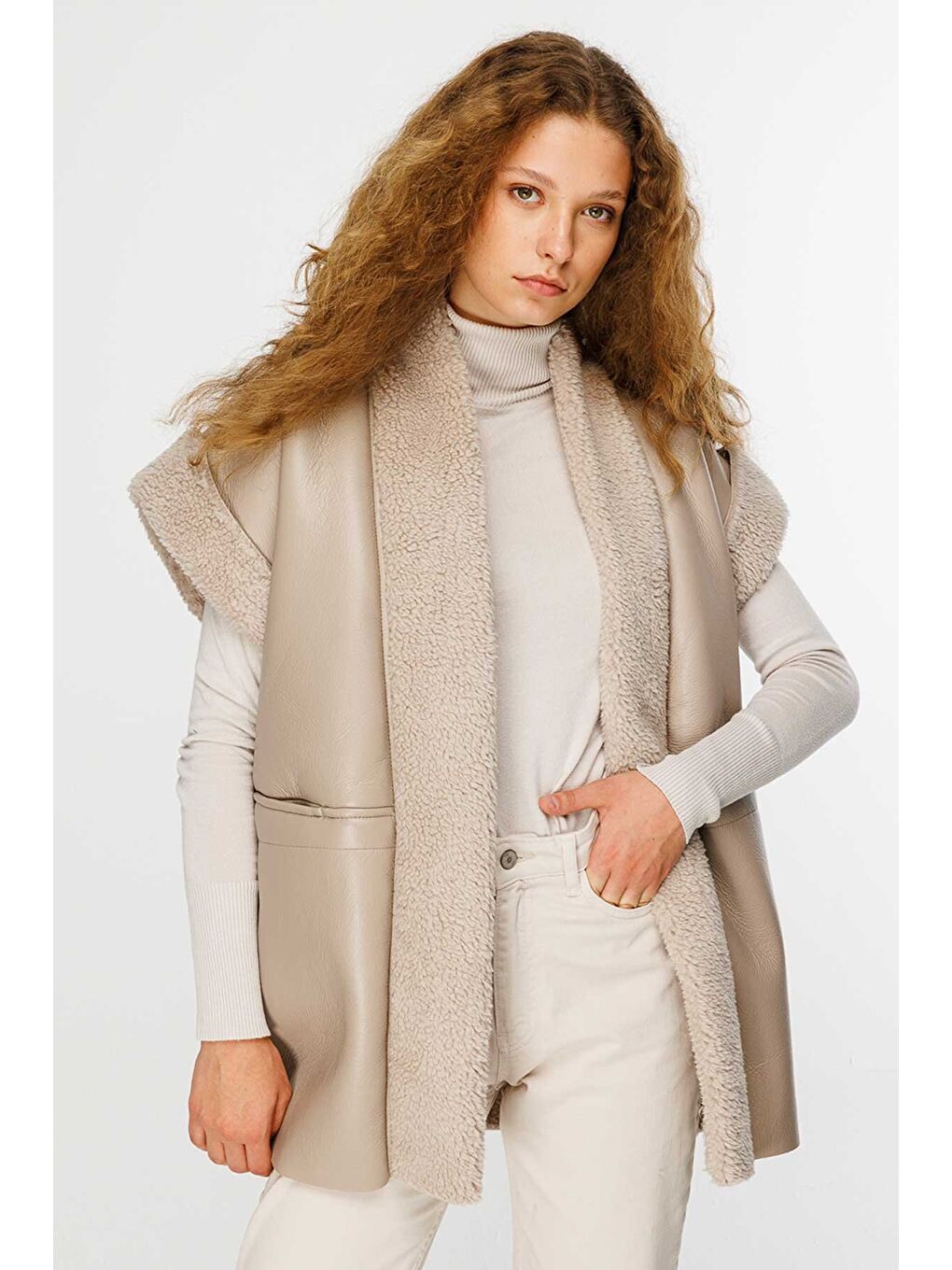 Bej Şal Yaka Kürklü Deri Yelek - Taş-4