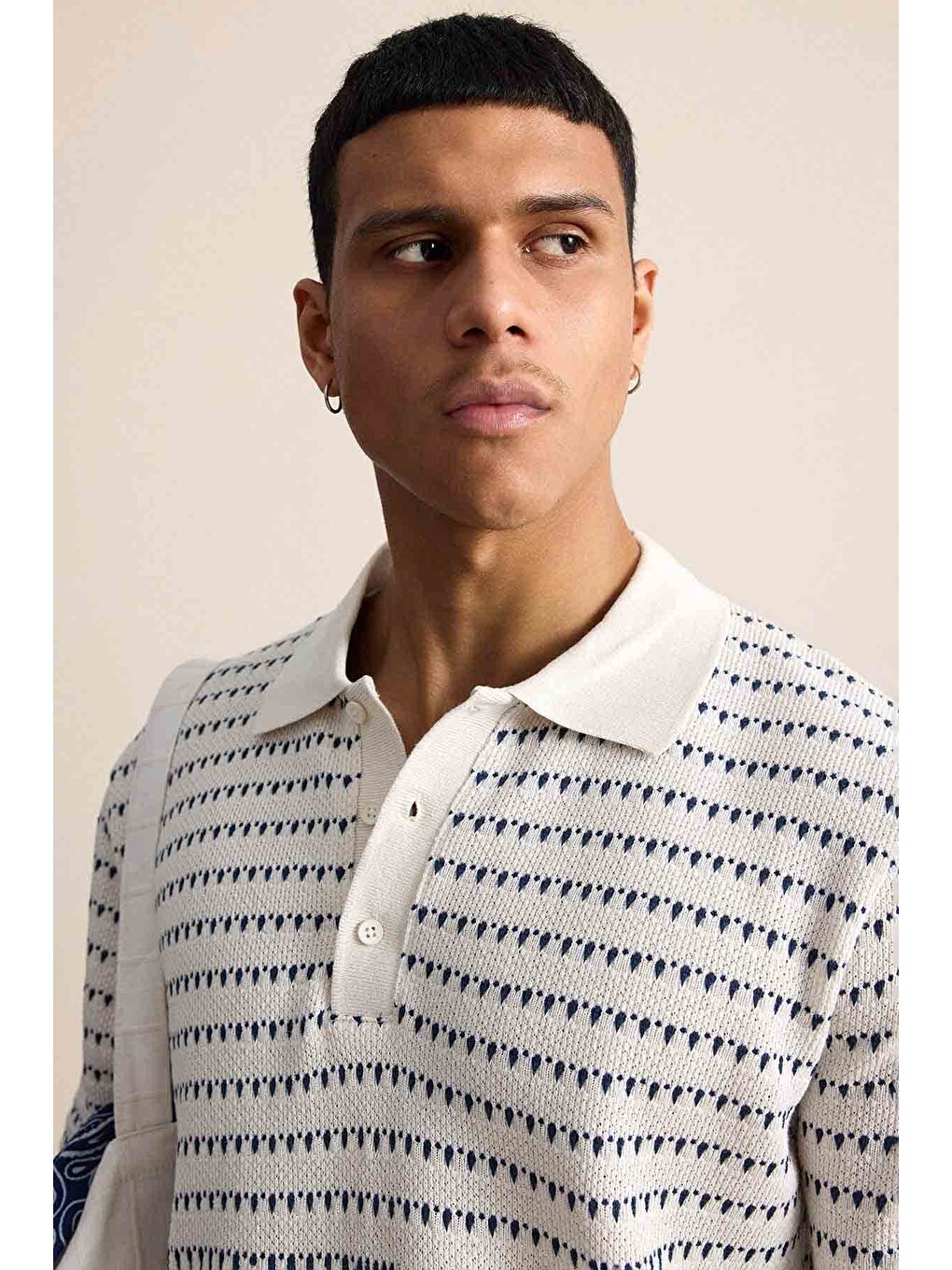Erkek Relaxed Fit Ajurlu Örme Polo Yaka Tişört Ekru-3