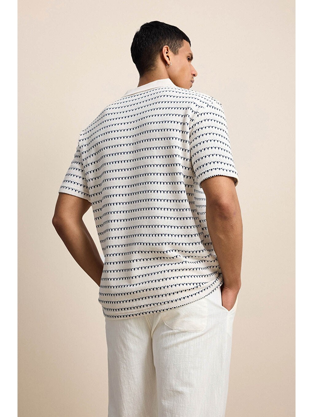 Erkek Relaxed Fit Ajurlu Örme Polo Yaka Tişört Ekru-6