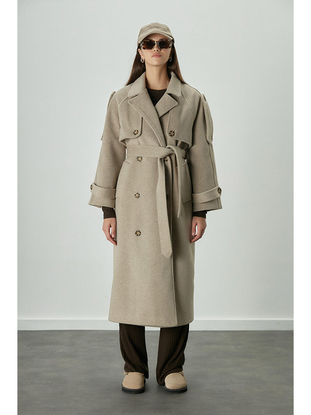 Bej Premium Kaşe Trenç Kaban Vizon-3