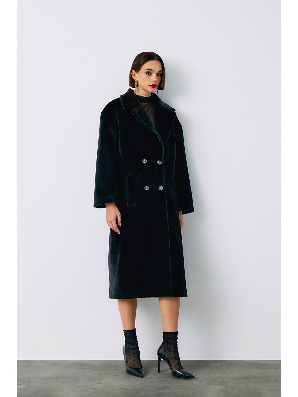 Düğmeli Kaşe Kaban - Siyah-1