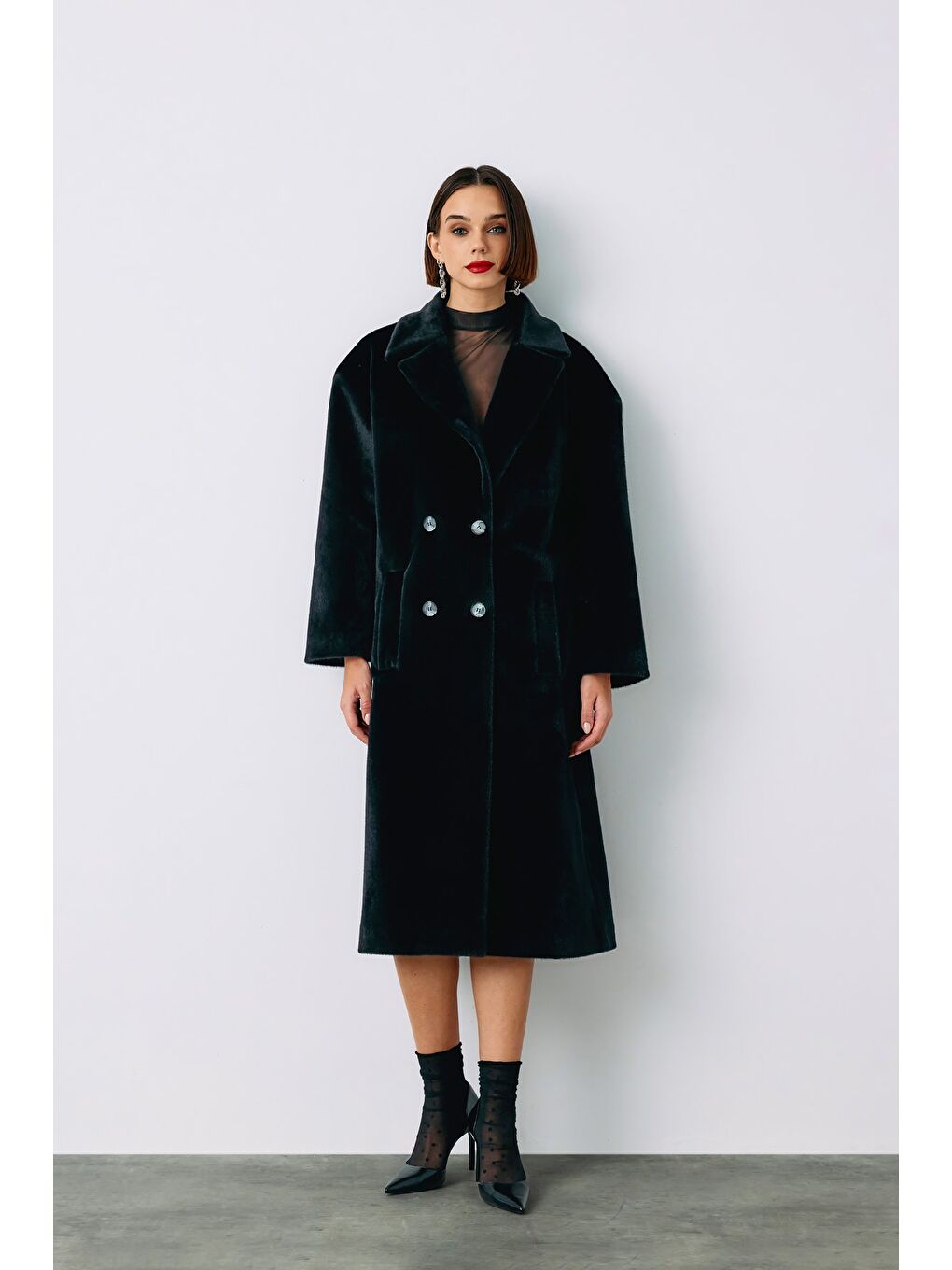 Düğmeli Kaşe Kaban - Siyah-2