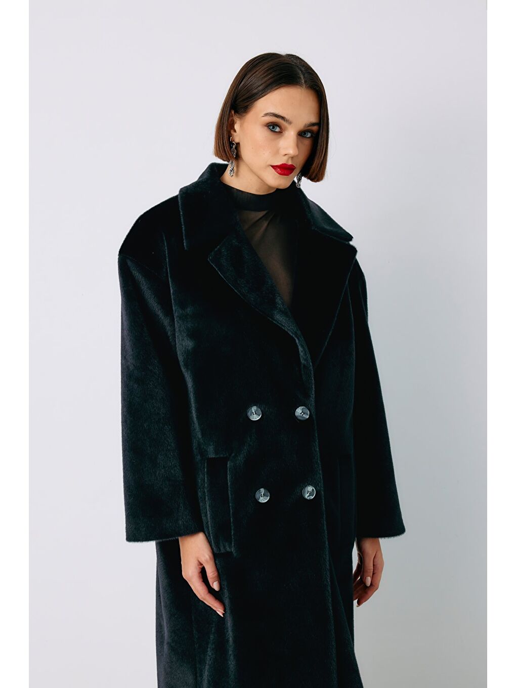 Düğmeli Kaşe Kaban - Siyah-4